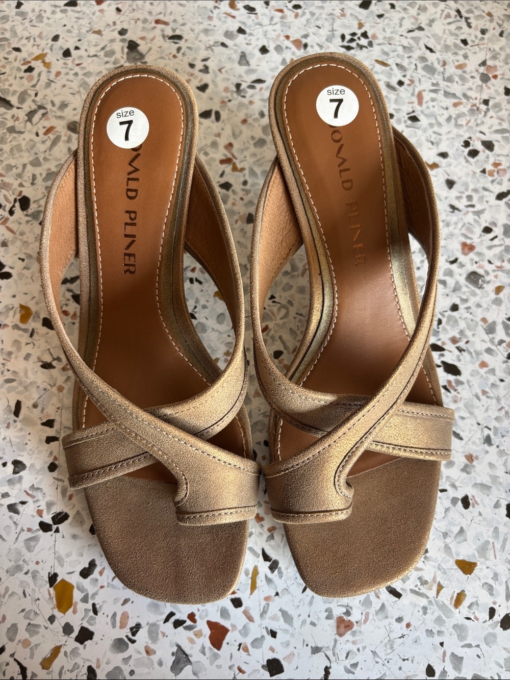 Donald J. Pliner Gold Metallic Crossover Slide Heels